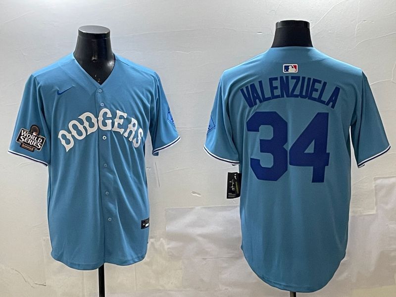 Men Los Angeles Dodgers 34 Valenzuela Light Blue Joint Name 2025 Nike MLB Jersey style 31614